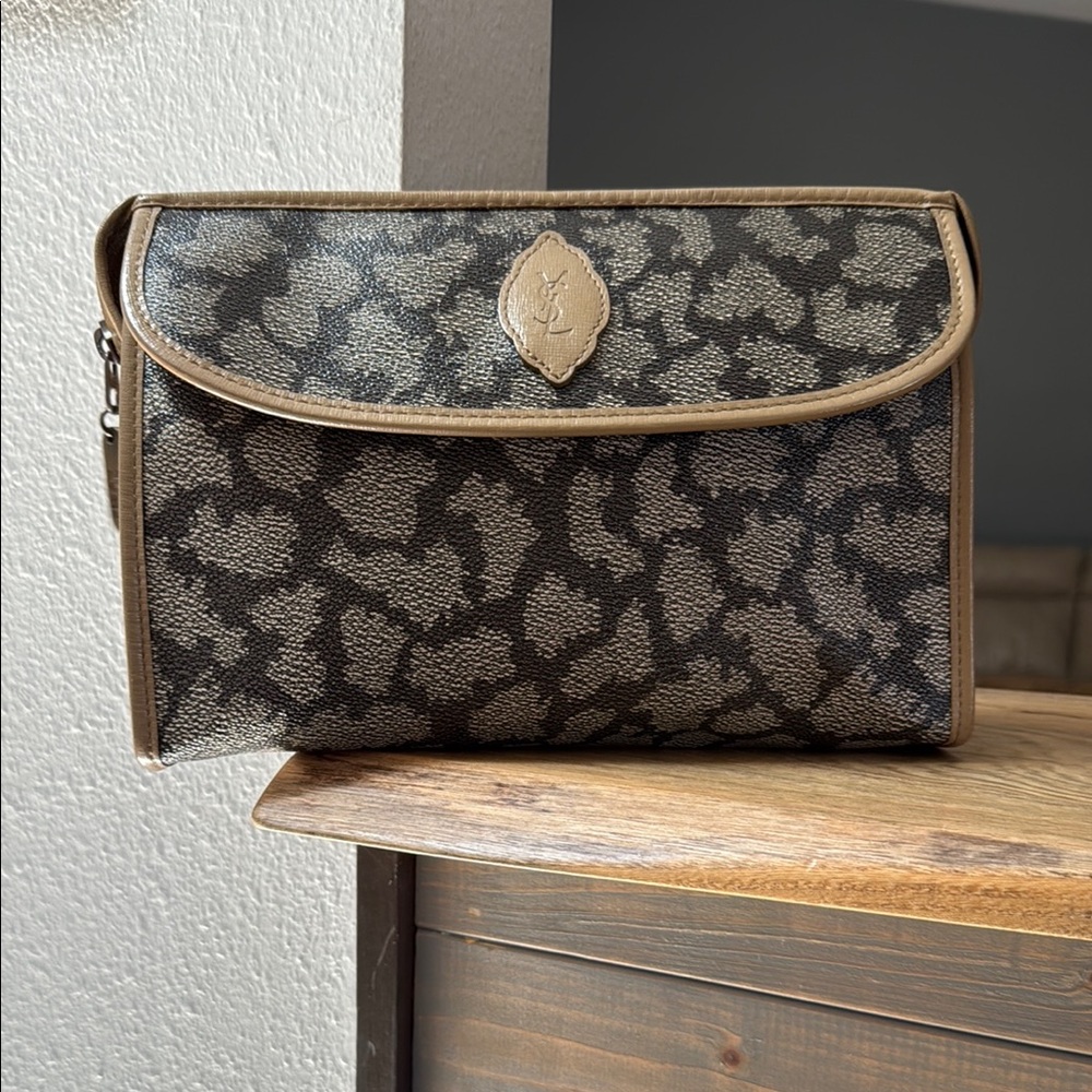 Authentic Yves Saint Laurent Brown and Tan Patterned Clutch